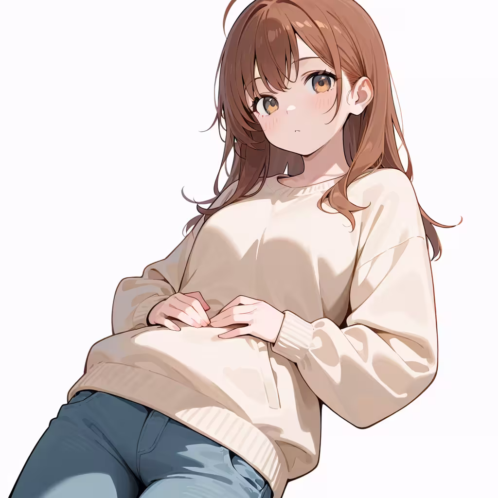 腹部に両手を当てるの作例
